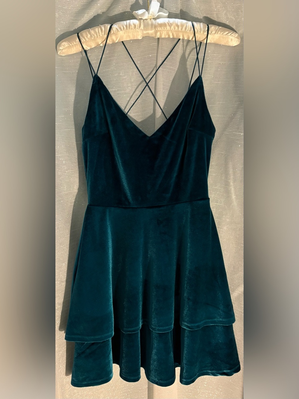 Altar'd State Emerald Green Velvet Tiered Crisscross Back Mini Dress